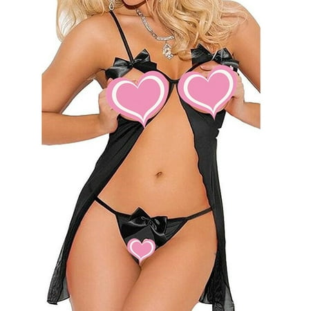 Eternatastic Women Mesh Cupless Babydoll Sleepwear Lingerie Set Thong Black XL Size