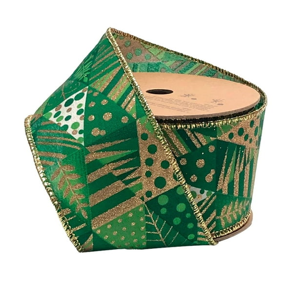 LaRibbons 2 1/2" Wired Ribbon | "Geometric Trees" Gold/Green Multi | 10 Yard Roll