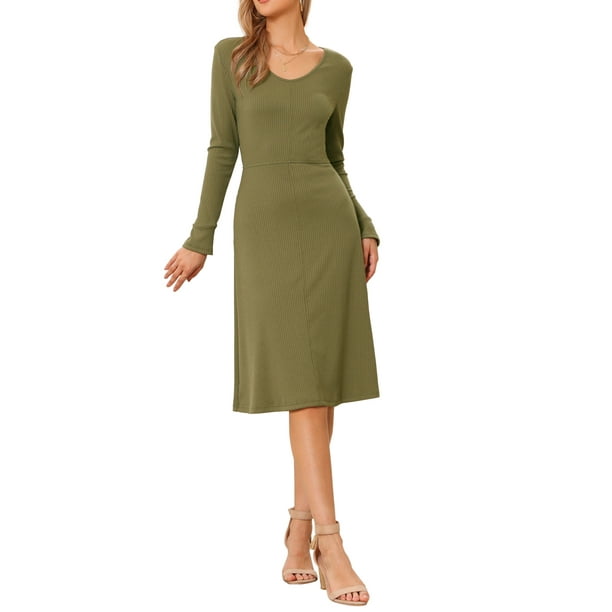 Vestido de punto acanalado INSPIRE CHIC para mujer, vestido de suéter midi de manga larga con cuello redondo, talla XS, color verde oliva