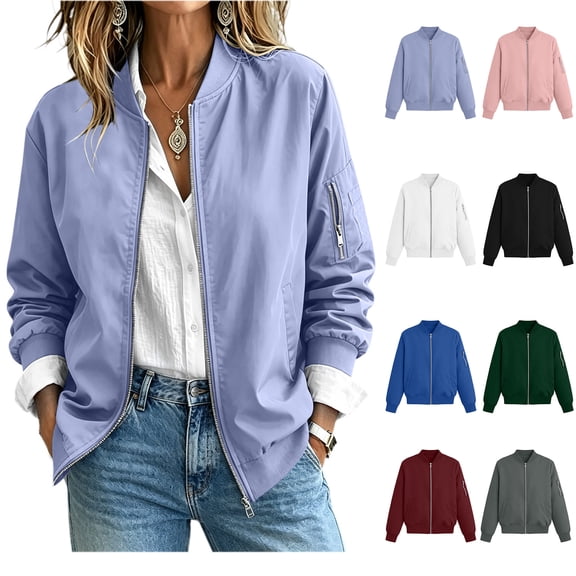 Xaqiouau Womens Casual Relaxed Fit Full Zip Bomber Jacket Mid-Length Stretchable Long Sleeve Outerwear With Zipper Pocket Purple XXL