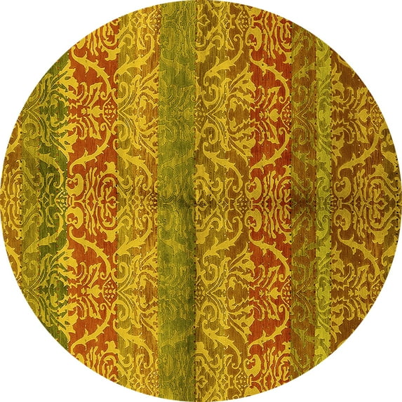 Ahgly Company Machine Washable Indoor Round Oriental Yellow Industrial Area Rugs, 8' Round