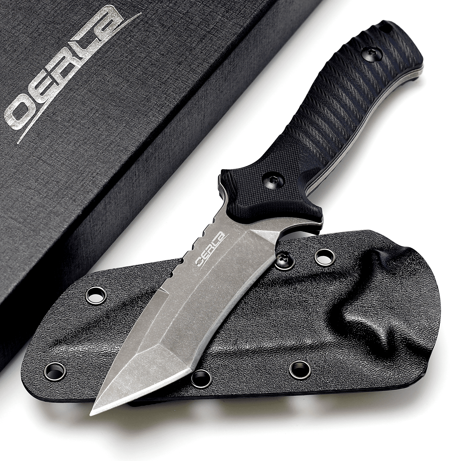 Oerla OLK-038B Tactical Fixed Blade Knife - 9.45in Overall with 440C Stainless Steel and Black G10 Handle Kydex Sheath