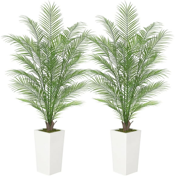 Set of 2 – 5 ft Faux Areca Palm Trees with 21 Lifelike Palm Leaves and Realistic Trunks – Indoor & Outdoor Tropical Décor in White Trapezoidal Prism Pots