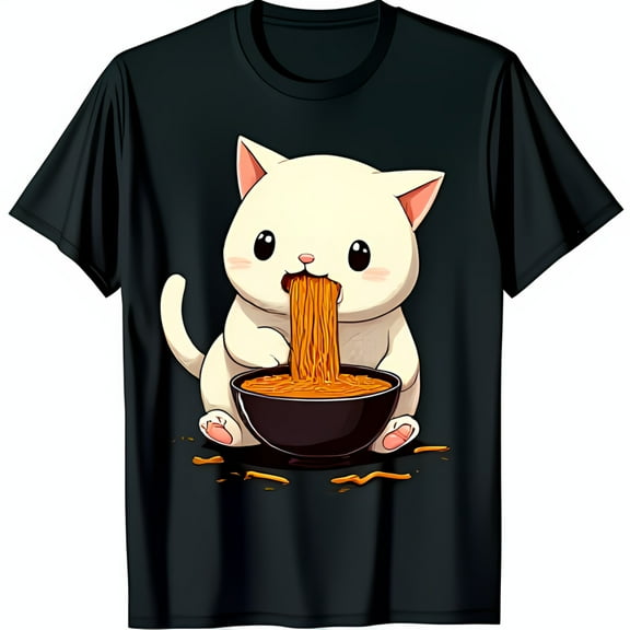 Black T-Shirt with Cute Anime Cat Enjoying Ramen Noodles Adorable Graphic Tee