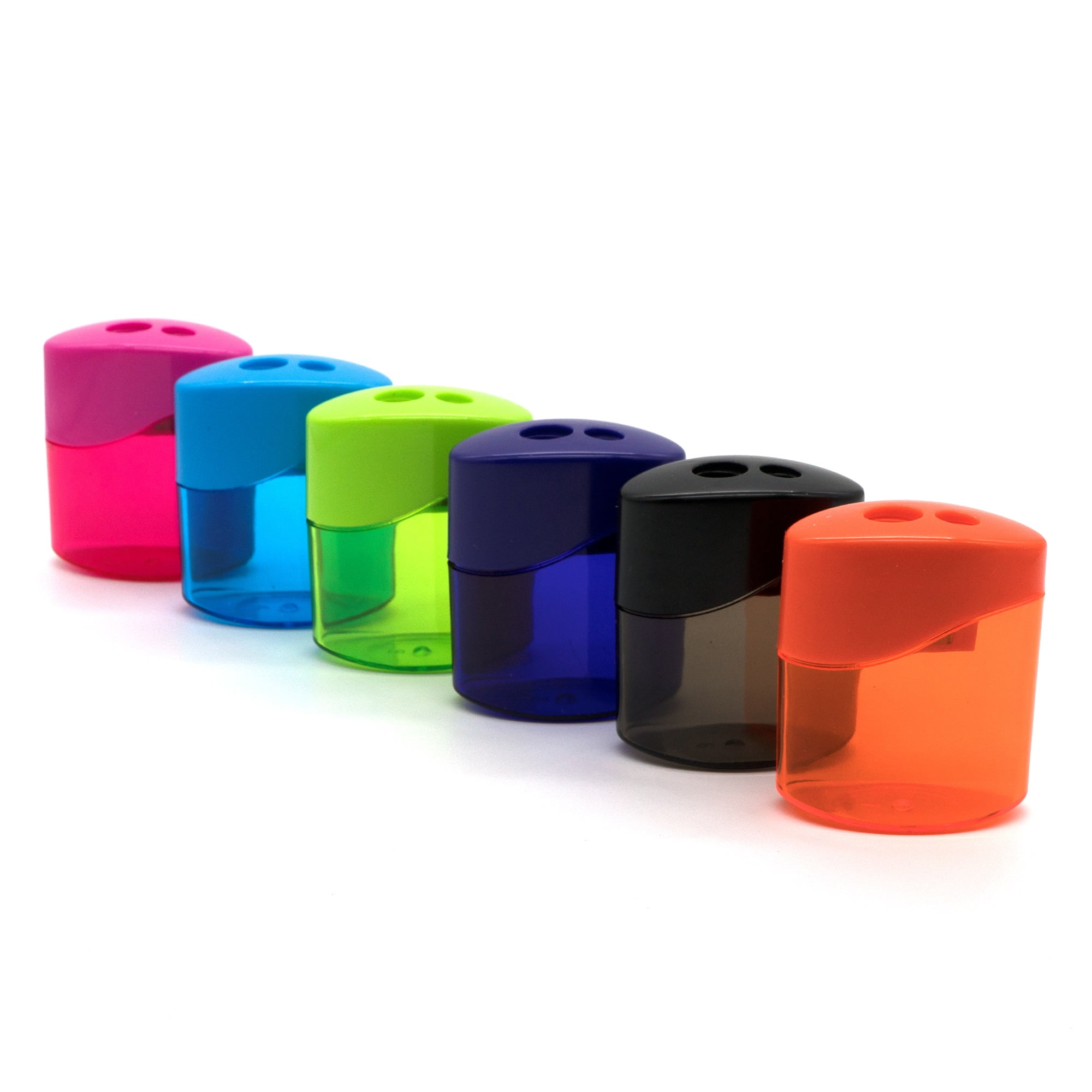 Emraw Dual Blades Sharpener Square Receptacle to Catch Shavings for Regular & Oversize Pencils/Crayons in Blue, Green, Pink, Purple, Orange & Black - Great for School, Home & Office (6-Pack)