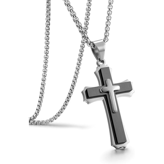 Men's Cross Necklace, Stainless Steel 3D Layered Cross Pendant Necklace for Men, Black Silver Religious Jewellery Gift for Men Husband Boyfriend Father Son,A