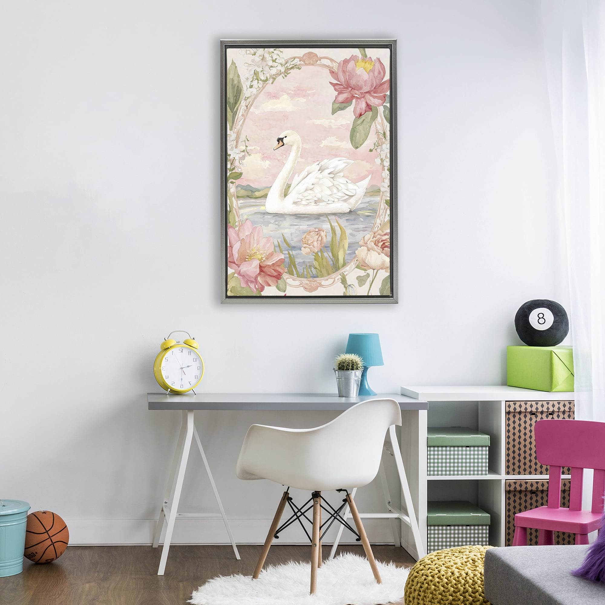 Stupell Industries Floral Border Swan in Bloom Gray Framed Floater Canvas Wall Art, design by Creative Studio