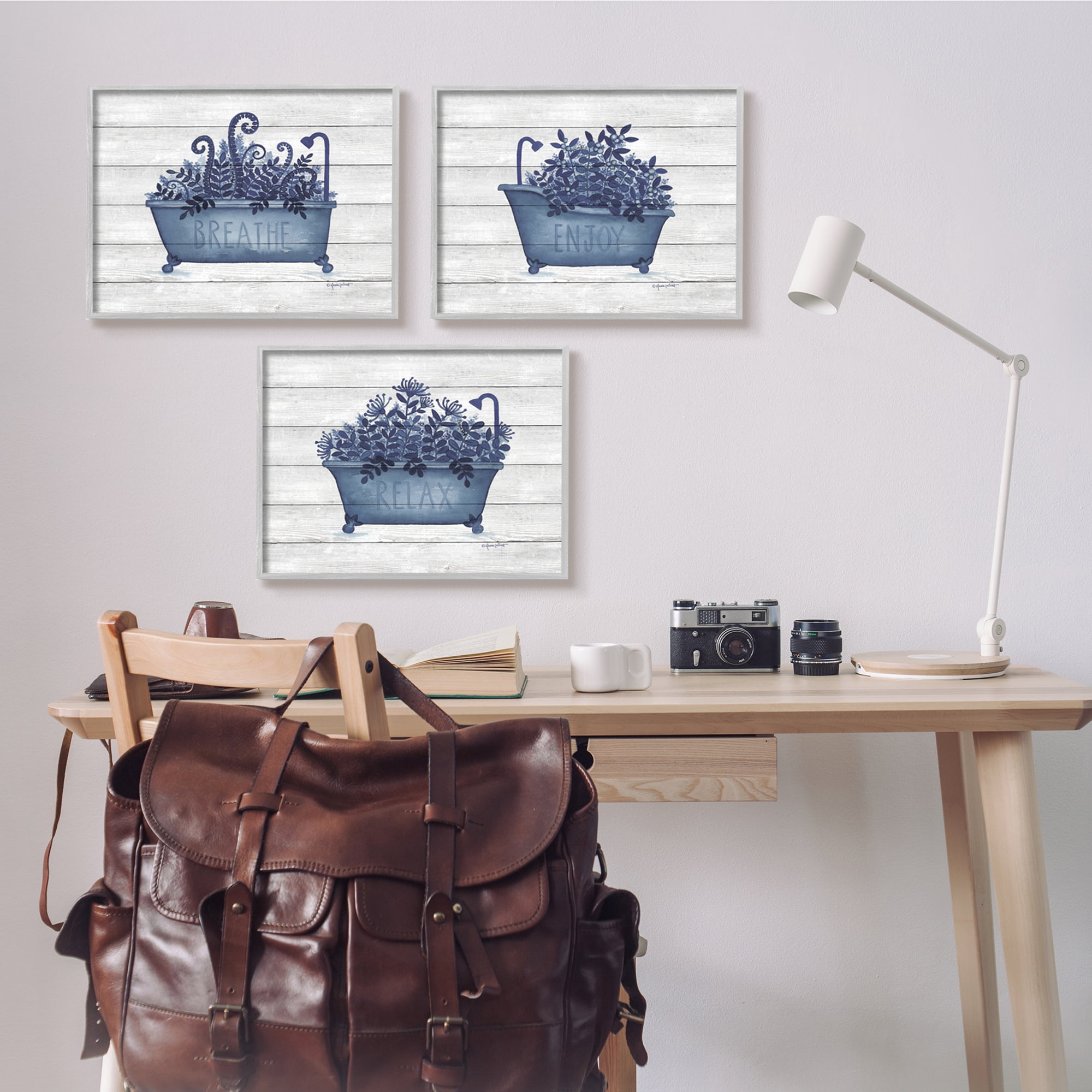 Stupell Industries Enjoy Relaxing Bath Tub Blue Foliage Striped Background,20 x 16, Design by Annie Lapoint
