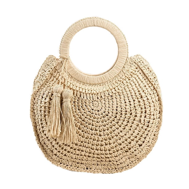 Bolsos De Mano Bolso de playa redondo de verano gran capacidad tejido a mano borla para fiesta (beige)