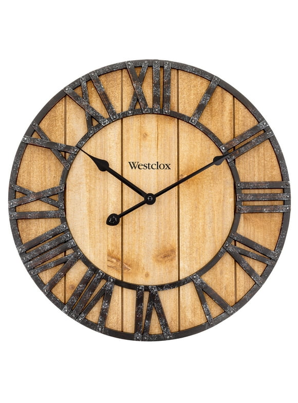 Westclox 16" Natural Wood Grain with Raised Roman Numerals & Iron Finish Analog QA Wall Clock
