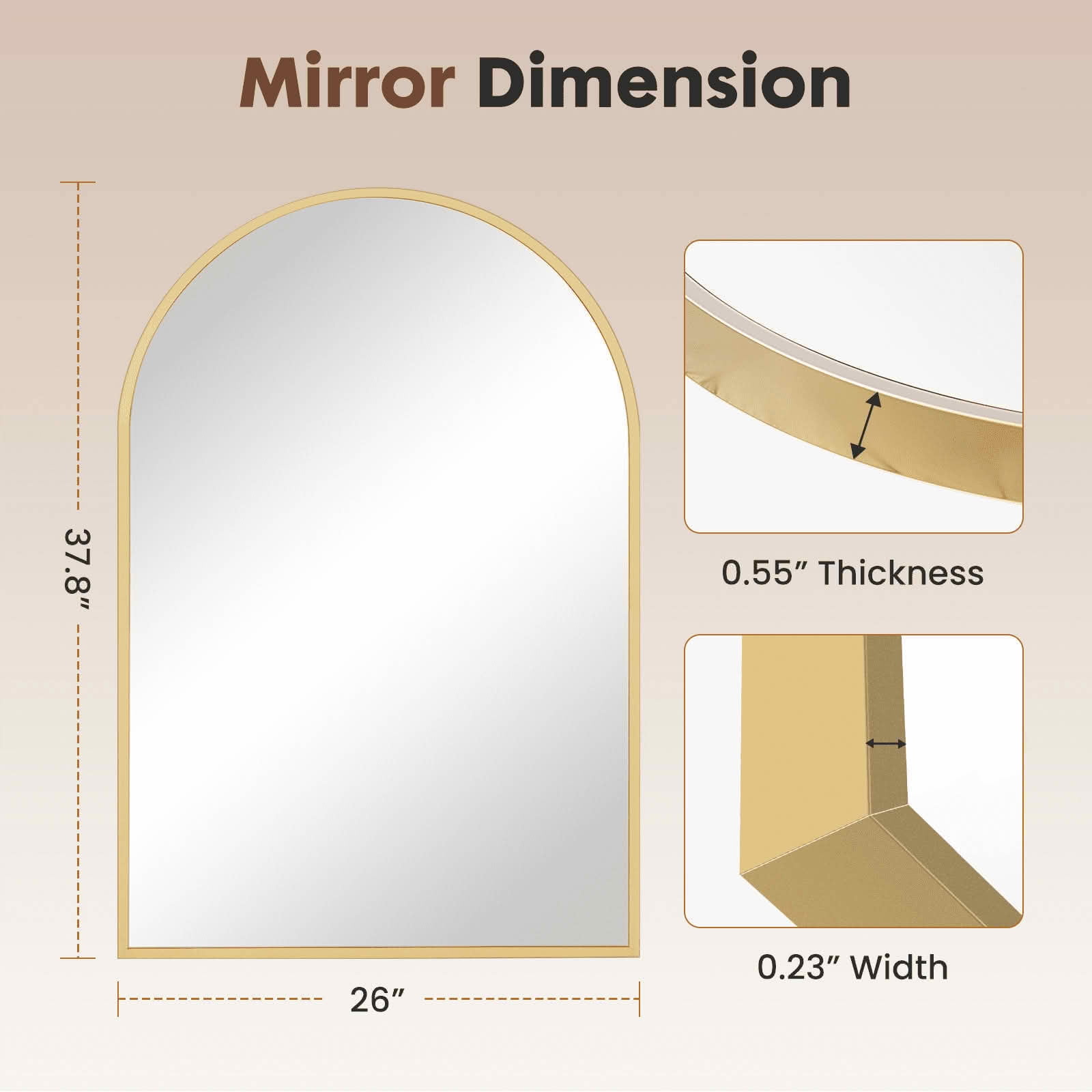 MAYEERTY 26"x38" Arched Bathroom Wall Mirror, Metal Frame, Bedroom Entryway Living Room，Gold