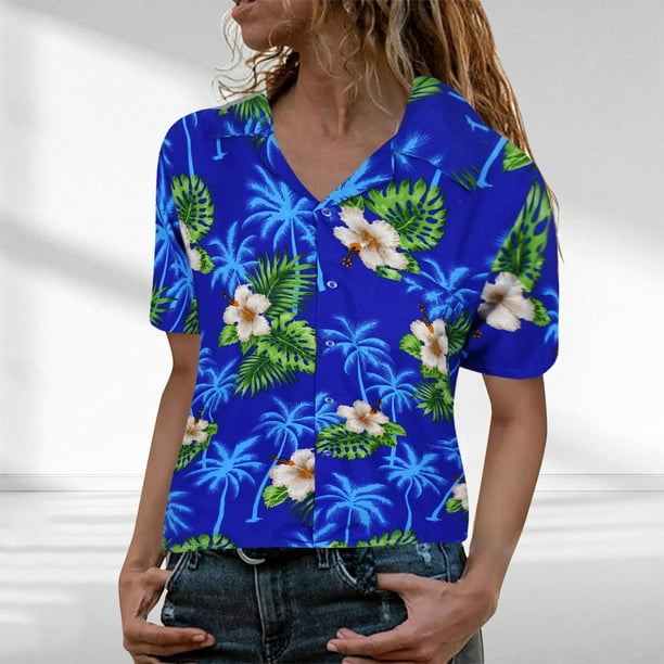 Betiyuaoe Womens Tops Blouse Funky Hawaiian Shirt Frontpocket Leaves  Flowers Palm Print Top Casual Shirts 