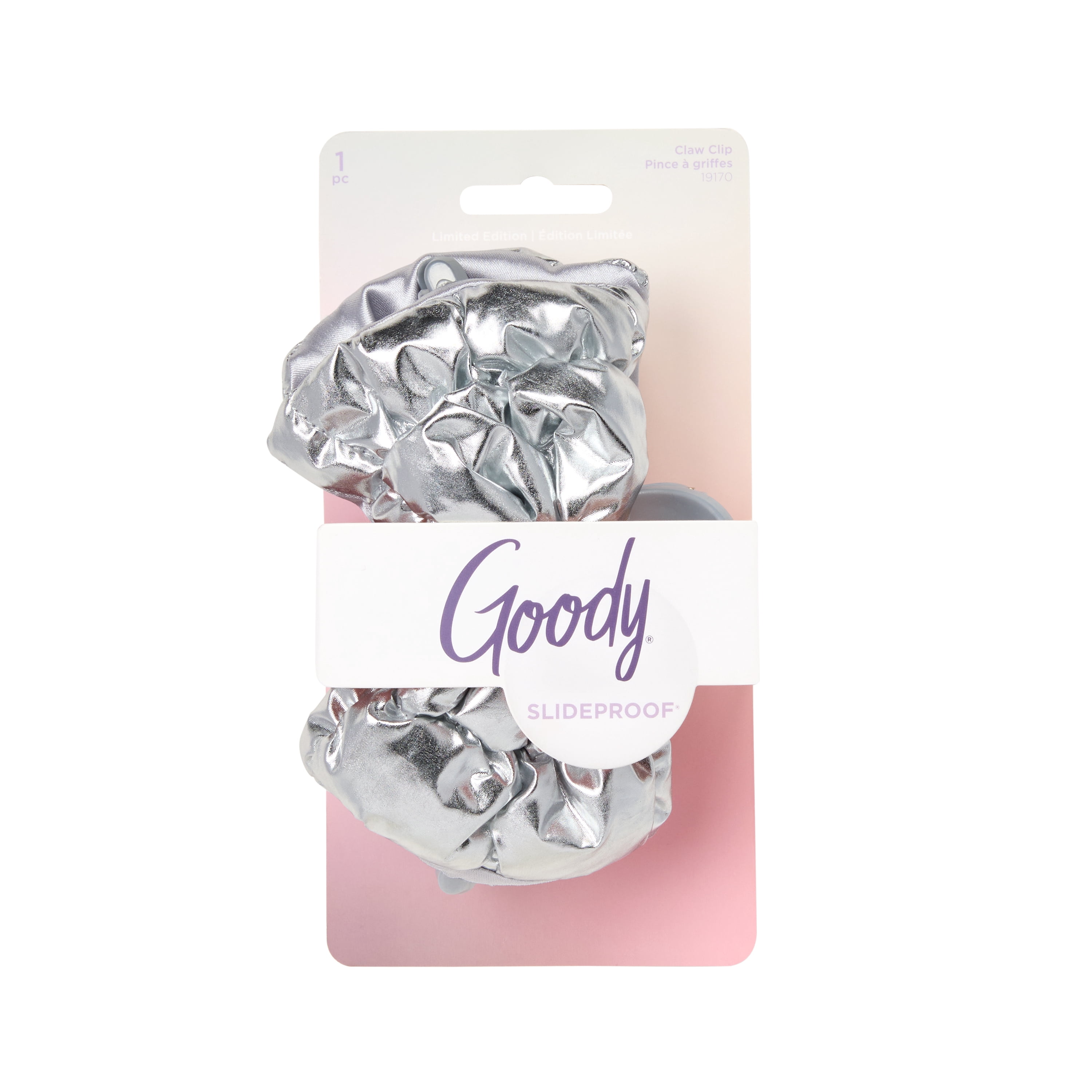 Goody Luxe Puffer Bow, Shimmery Silver, Quilted SlideProof Hair Claw Clip