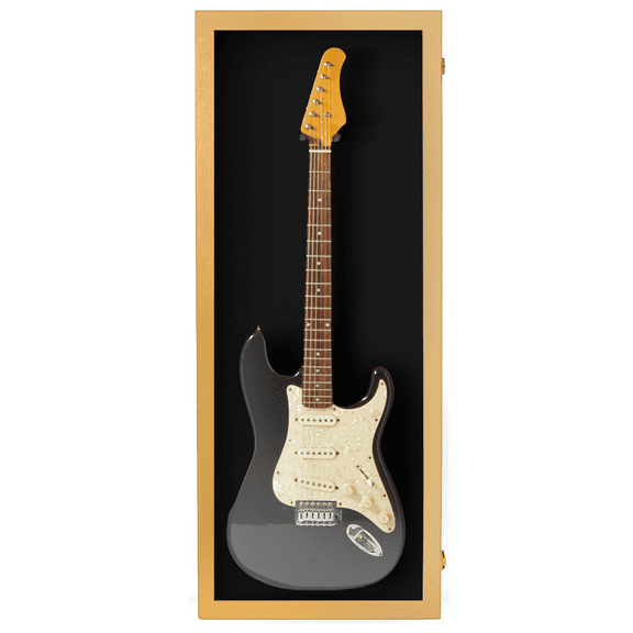 PENNZONI Electric Guitar Display Case, Clear Acrylic & Hardwood Cabinet, Golden Oak, Black Felt
