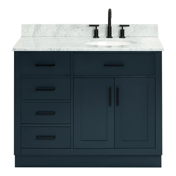 Ariel Hepburn 43 In. Right Offset Oval Sink Vanity With 0.75 In. Carrara White Countertop In Midnight Blue