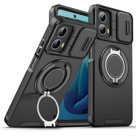 ELEHOLD Case for Motorola Moto G 5G (2024), TPU PC Shockproof Military Grade Case Built-in Ring Holder Kickstand,Black