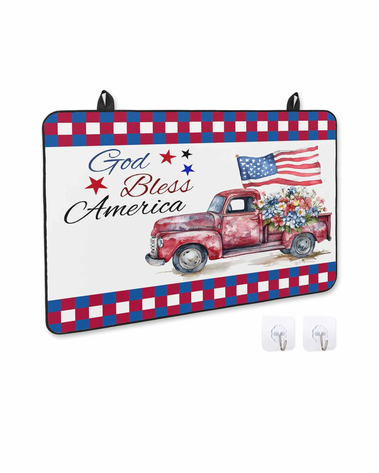 nqOlkjepod Large Induction Cooktop Protector Mat 24"x21", 4th of July Stove Top Covers for Electric Stove, Red Blue Plaid Truck Floral Star Decorative Stove Burner Cover Mats, Glass Top Stove Cover