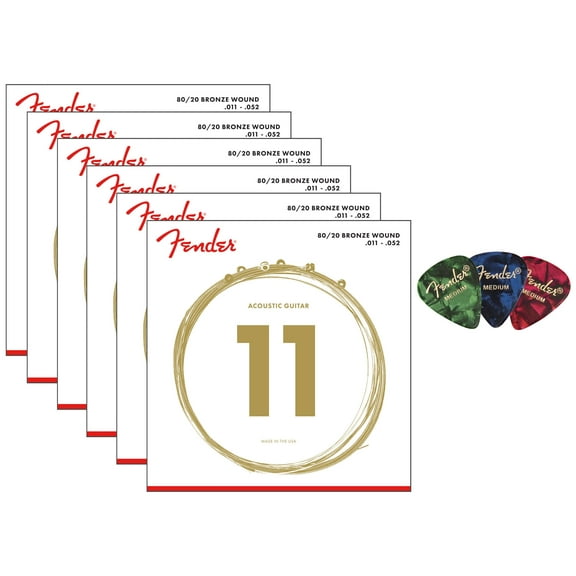Fender 80/20 Bronze Acoustic Strings, Ball End - Custom Light .011-.052 6-Pack Bundle with 3-Pack Picks