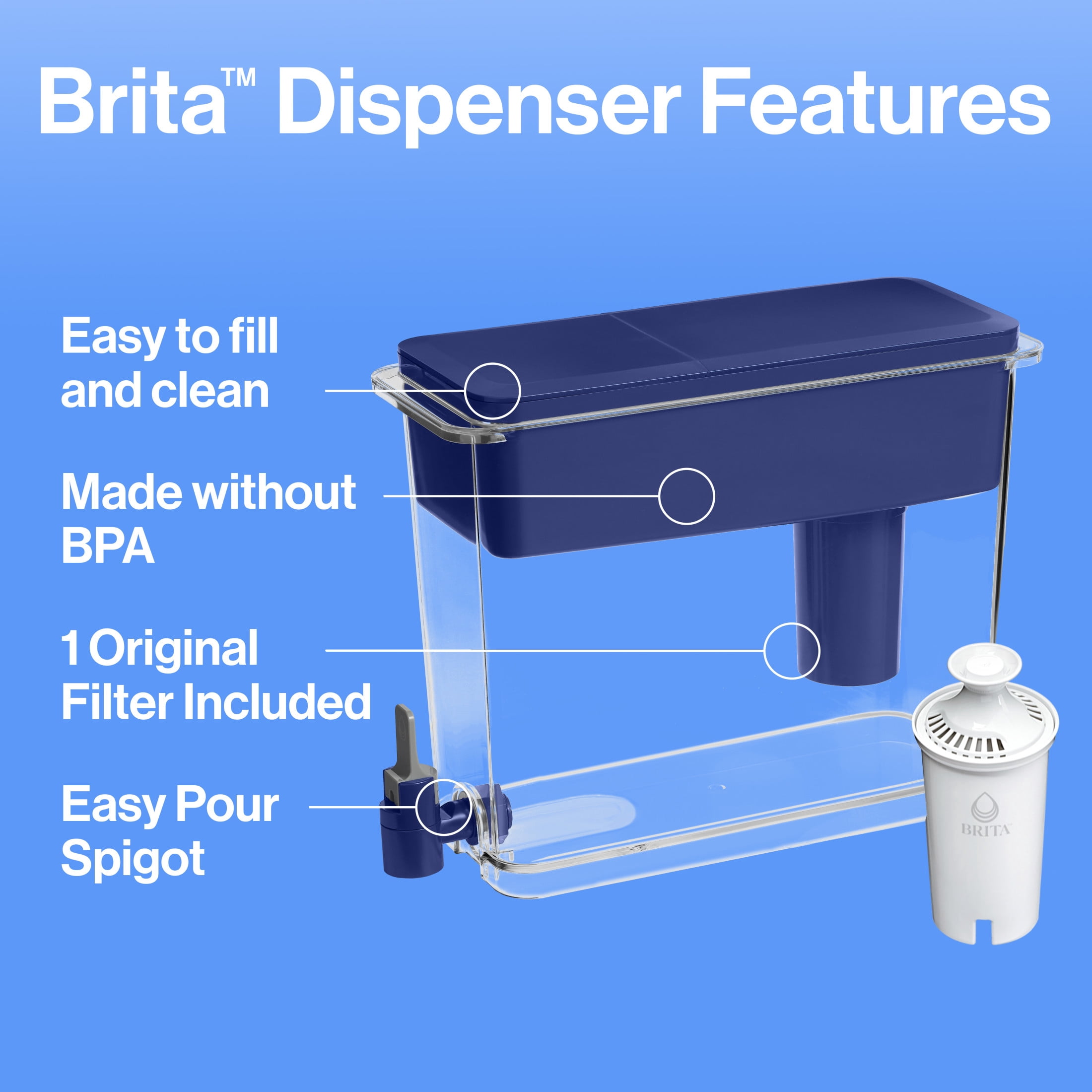Brita 27 Cup Extra Large Plastic Water Filtration Dispenser, Blue, BPA Free with 1 Standard Brita Filter