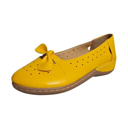

Womens Shoes Solid Color Breathable Leather Bow Shallow Cut Flat Casual Shoes