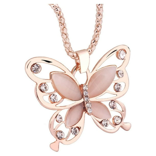Collar largo con colgante charm para mujer, cadena de ópalo rosa, joyas de oro, collares y colgantes