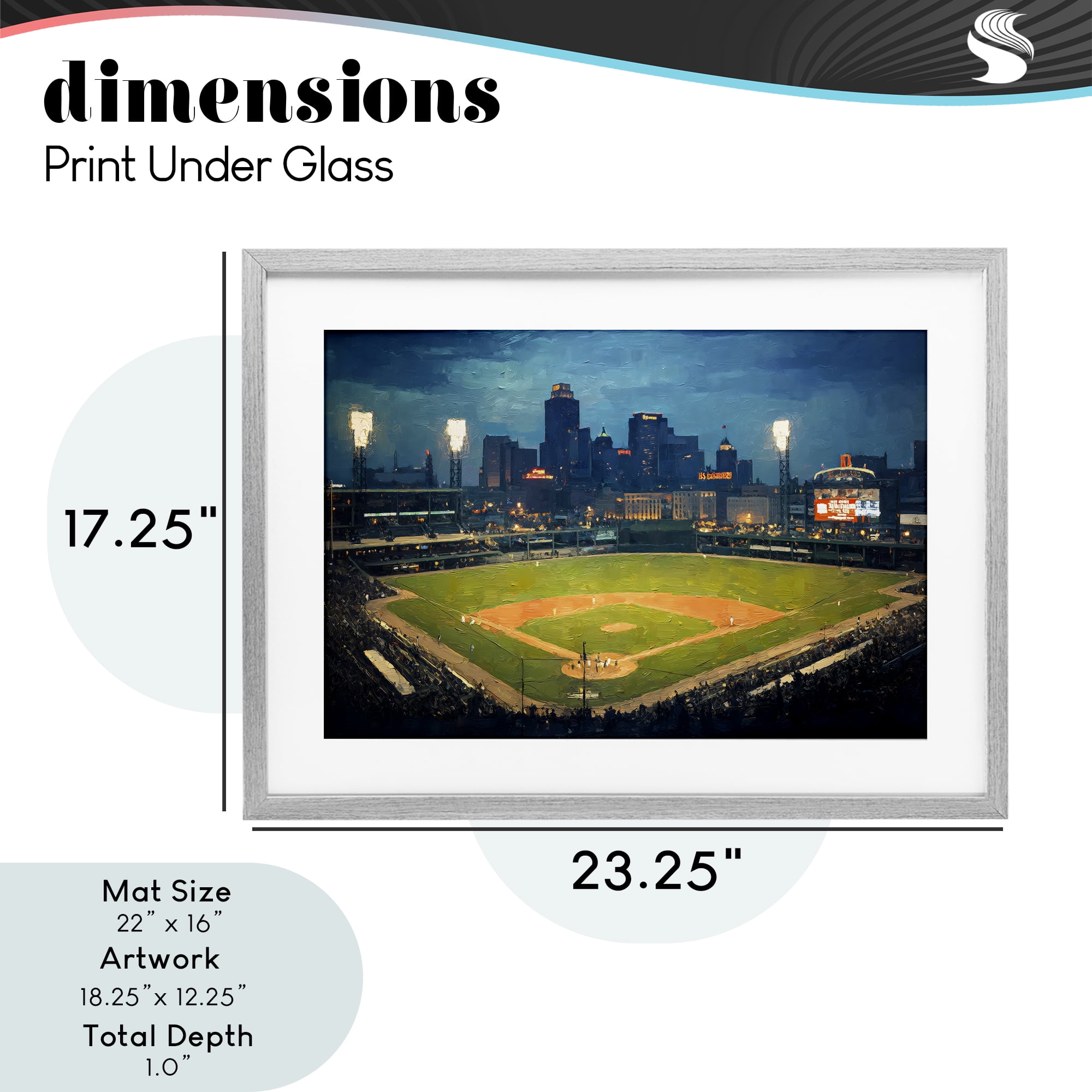 Baseball Stadium at Night Gray Framed Print Under Glass, design by Arlington Prints