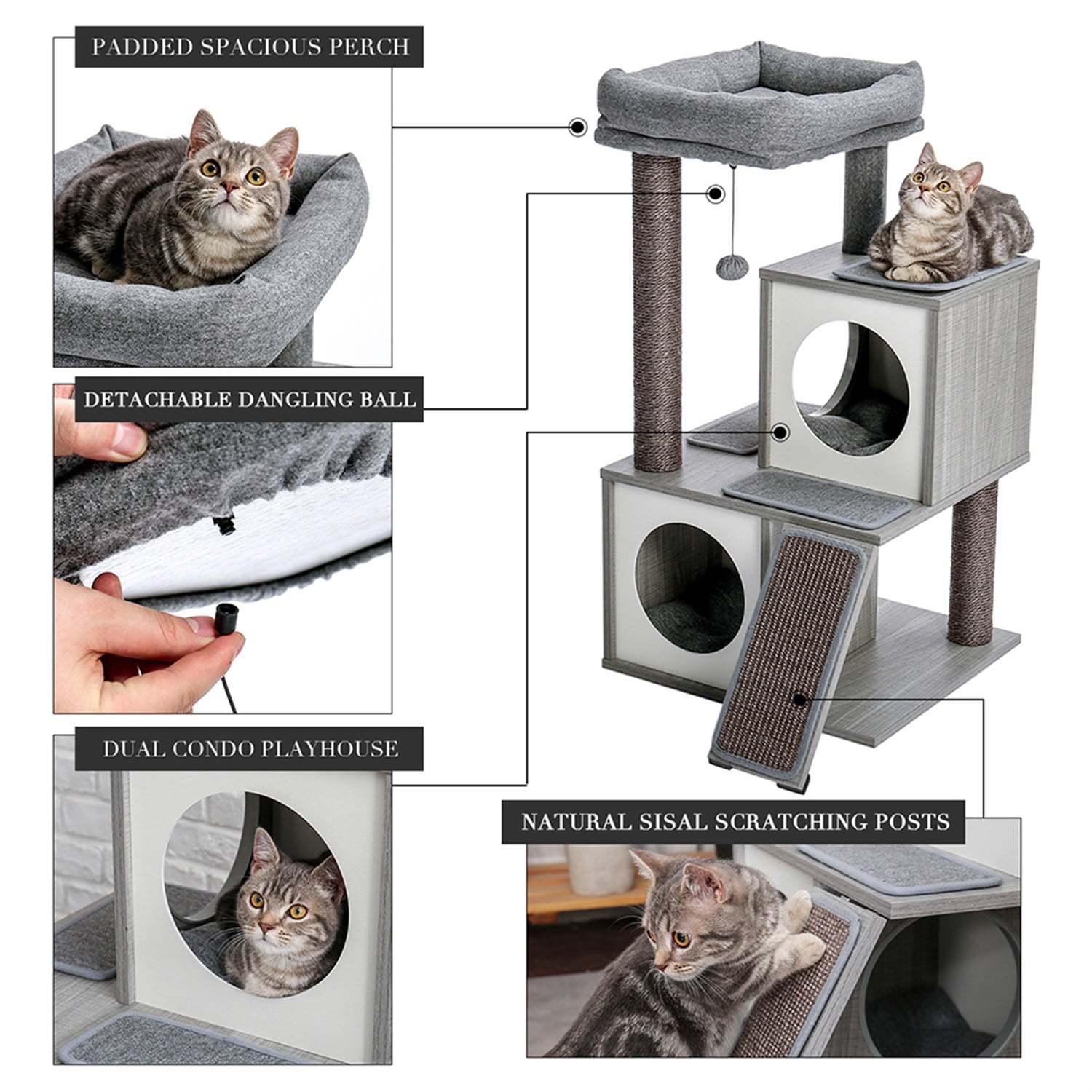 Pefilos Road Cat Tree Tower for Adult Cats Wooden Cat Tower with Double Condos Cat Nest for Indoor Cats, Cat Houses for Indoor Cats Spacious Perch, Gray Pefilos Road Cat Tree Tower for Adult Cats Wooden Cat Tower with Double Condos Cat Nest for Indoor Cats, Cat Houses for Indoor Cats Spacious Perch, Gray