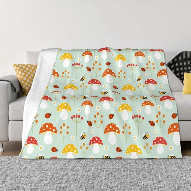 Balery Mushroom Bee Manta de Franela con Dibujo, Lujo Ultra Suave y Cálido, Antipelusa y Resistente a las Arrugas para Cama, Sofá, Camping -60"x50"