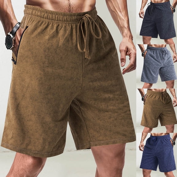 lcziwo Gym Shorts Men with Pockets Classic Fit Summer Solid Color Drawstring Trunks Hiking Fishing Outdoor Work Shorts Brown M