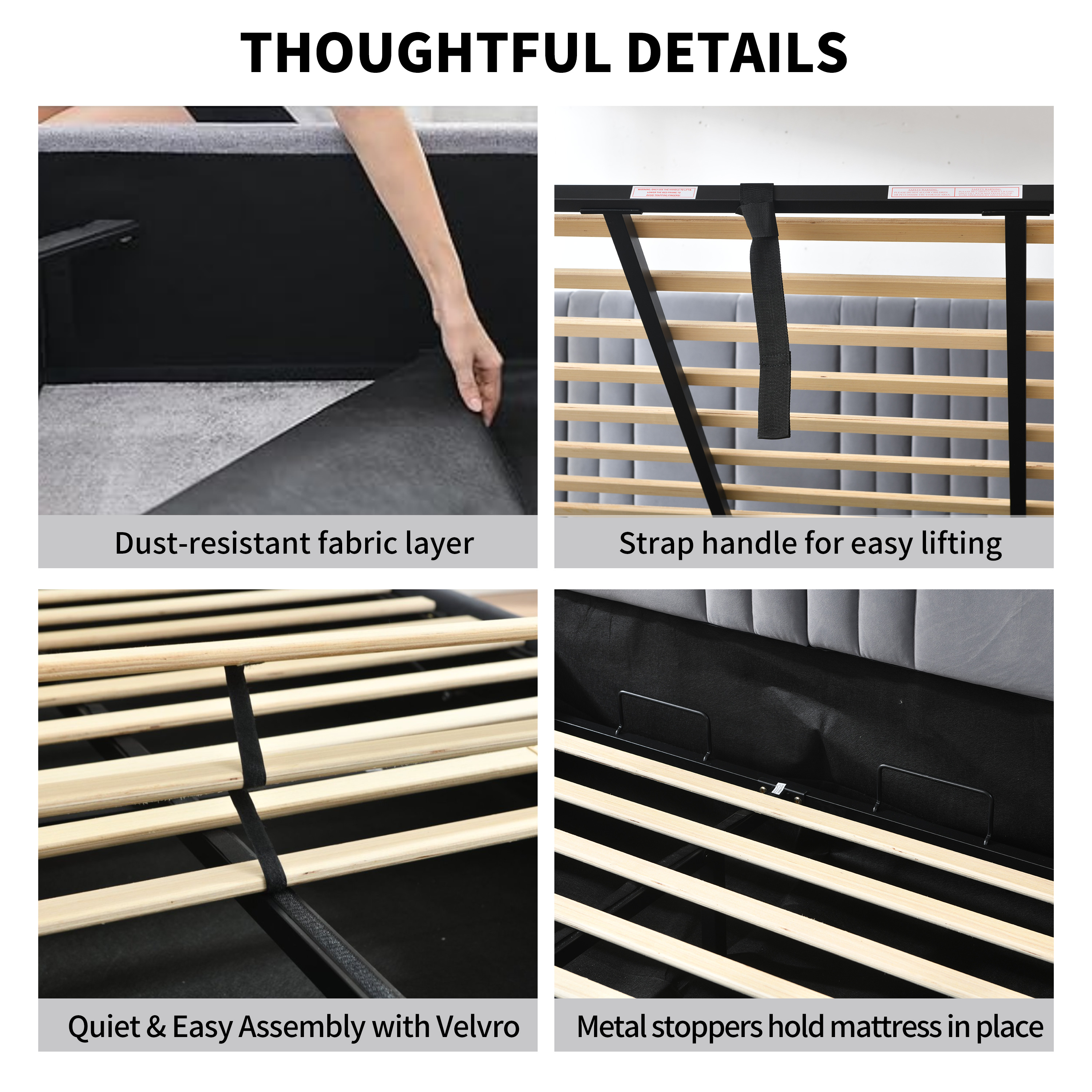 King Size Bed Frame with Built-in Nightstands, Lift Up Storage Bed with Oversize Upholstered Headboard, Luxury Bed Frame with Underneath Storage, Wood Slats Support, No Box Spring Needed, Gray