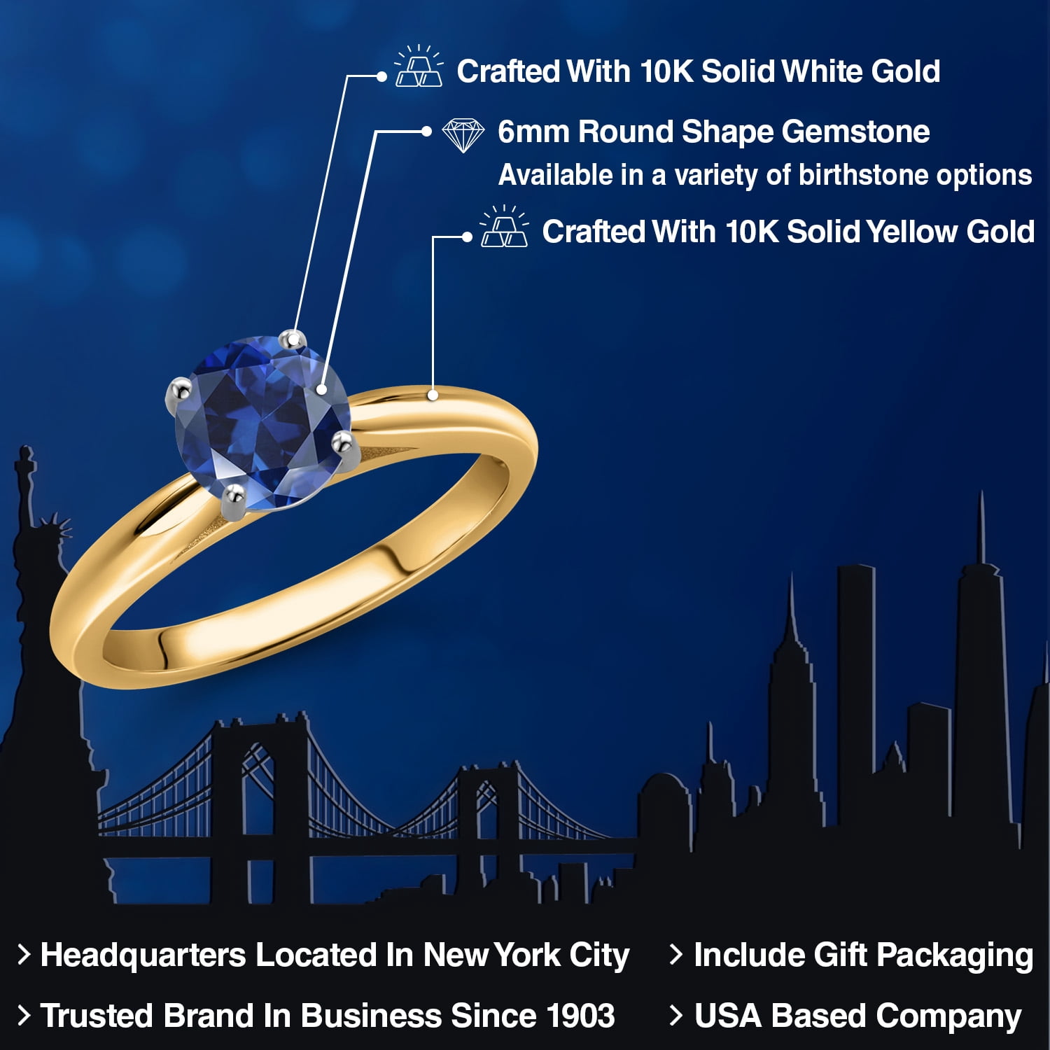 Gem Stone King 10K Two Tone Gold Blue Created Sapphire Solitaire Engagement Ring for Women | 1.00 Cttw | Round 6MM | Gemstone September Birthstone | Size 8