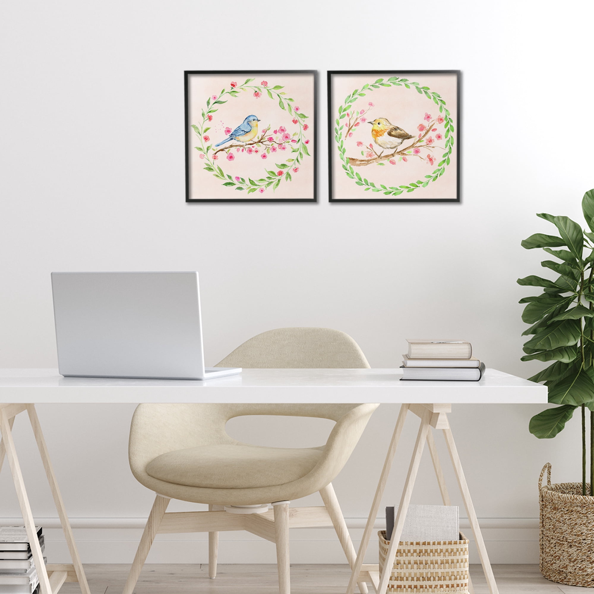 Spring Branches & Wreath Birds 2 Piece Black Framed Giclee Art Set, design by Elena Fay