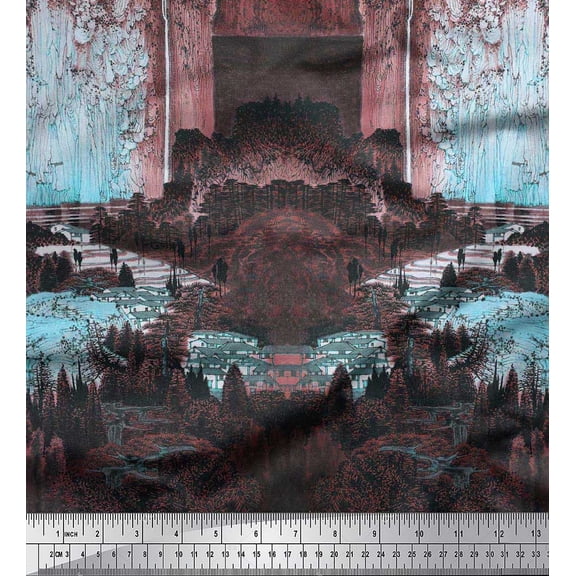 Soimoi Polyester Crepe Fabric House & Tree Scene Print Sewing Fabric Yard 52 Inch Wide