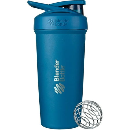 BlenderBottle Strada 24 oz Stainless Steel Shaker Cup Ocean Blue with Push-Button and Locking Mechanism