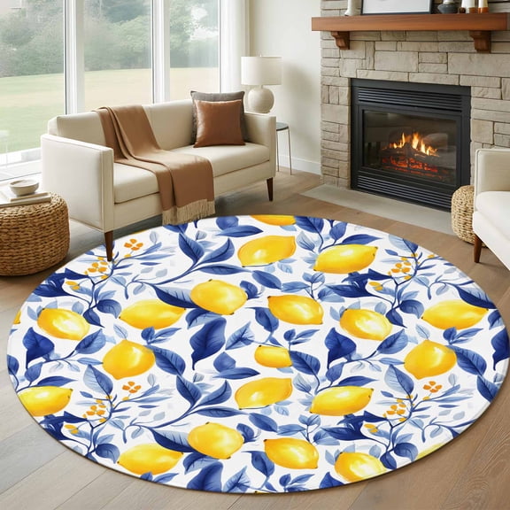 Round Rugs 5Ft, Summer Lemon Round Area Rug Washable Indoor Throw Carpet, Watercolor Yellow Blue Garden Floral Soft Non Slip Circle Rug for Cabinet Bathroom Home Decor Aesthetic