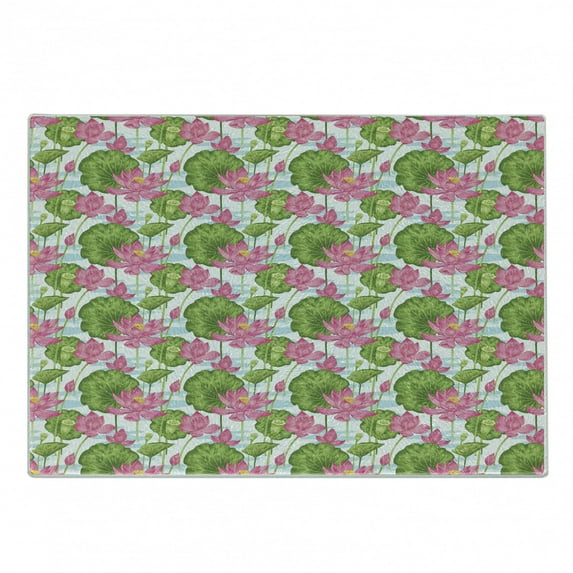 Lotus Cutting Board, Watercolor Style Nature Scene from Japan Blooming Flowers Pastoral Art, Decorative Tempered Glass Cutting and Serving Board, Small Size, Fern Green Pale Blue, by Ambesonne