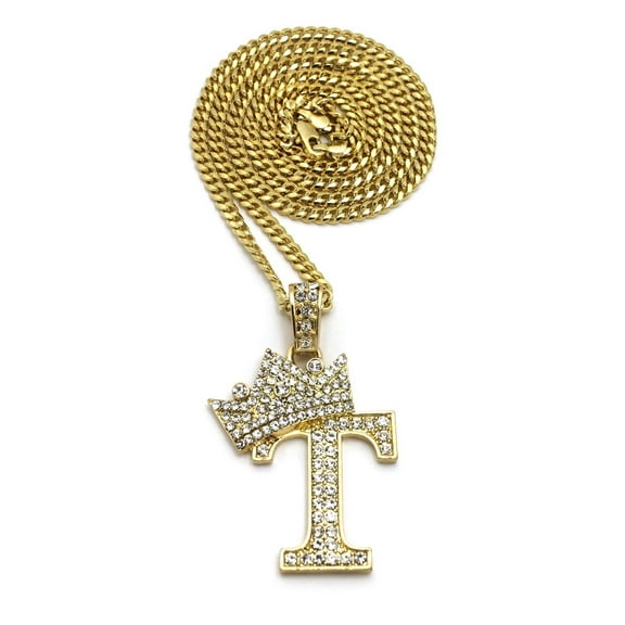 Stone Filled Initial Letter T Pendant 3mm 24" Cuban Chain Hip Hop Fashion Necklace