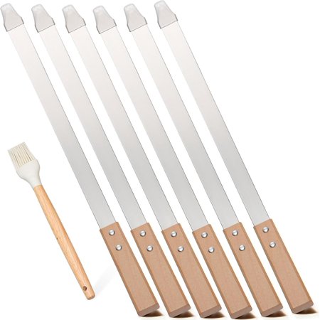 6 count 23.6" Long Brazilian BBQ Skewers for Grilling, Flat Stainless Steel Kabob Skewers, Metal Koobideh Barbecue Skewer 1" Wide with Brush for Persian Shish Picanha Adana Kebab