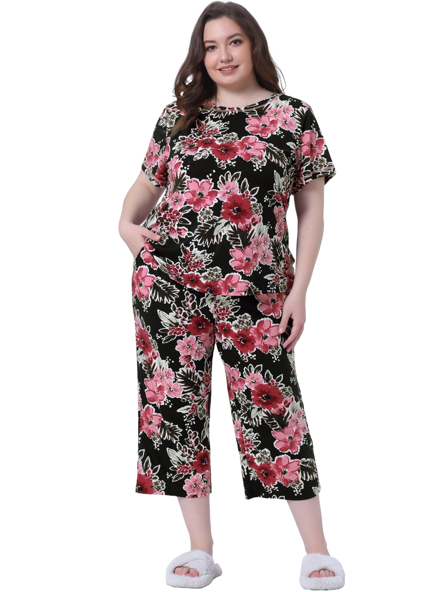 DARING DIVA Women's Plus Size 2-Piece Floral Short Sleeve Pajamas Set 3X Black