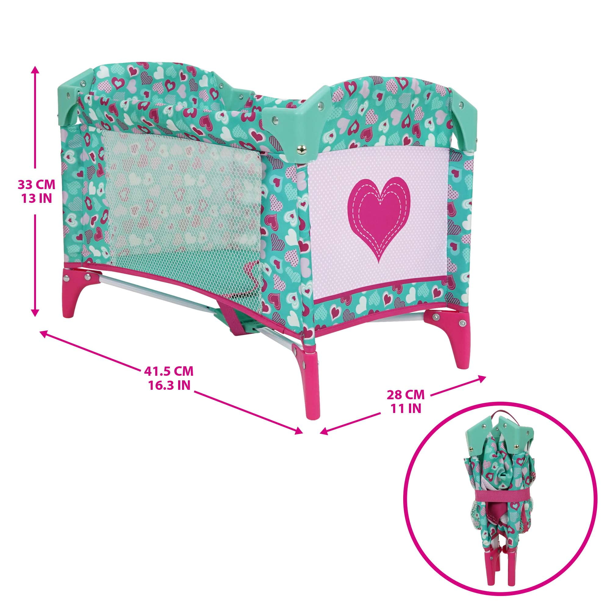 509 Crew: Mint Heart - Dream n' Fun Doll Play Yard - Pink & Green, Portable Sleep Crib, Storage Pockets, Toys-Dolls-Stuffed Animals Accessory, Kids 3+
