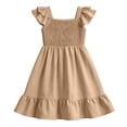 thumbnail image 3 of Bysome Toddler Kids Girls Dress Solid Color Flutter Sleeve Square Neck Pleated Summer Loose Fit Girls Dresses Size 5-6 Years Beige, 3 of 7