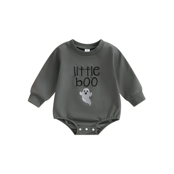 Suealasg Baby Boys Romper Halloween Clothes 3 6 12 18 24 Months Infant Boys Long Sleeve Crew Neck Ghost Letter Embroidery Jumpsuit Newborn Halloween One Piece Bodysuit