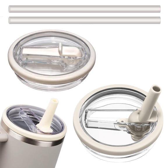 cup replacement lid 40 oz, flip straw lid for tumbler, leak resistant, spill proof, 2 lids included, beige