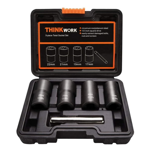 Thinkwork Extractor de tuercas de rueda Kit de extracción de bloqueo de rueda de 5 piezas para quitar pernos redondeados, oxidados, dañados y pelados, tuercas y tornillos