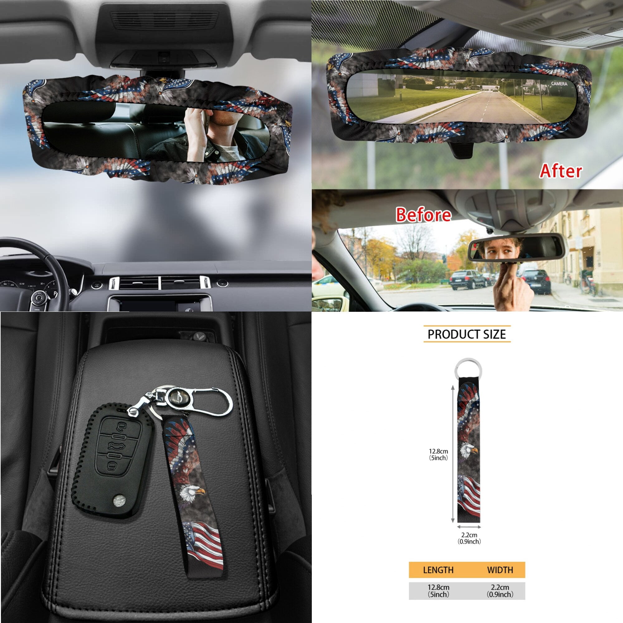 LedBack Eagle Print Car Seat Cover Set American Flag Print Steering Wheel Cover Safety Belt Pads Rear View Mirror Protector Car Air Vent Organizer Garbage Bag 4th of July Car Decor