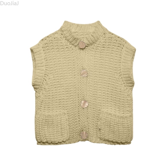 DuoJiaJ Womens Round Neck Sweater Vest, Sleeveless with Pockets Knit Pullover Beige L