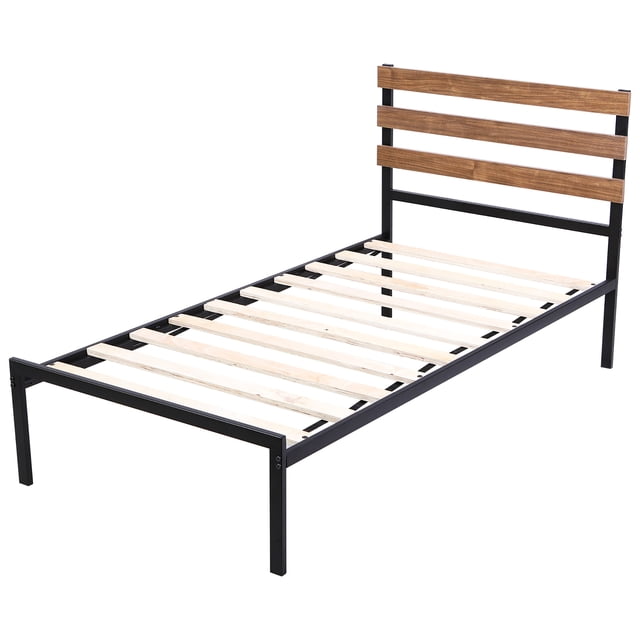Costway Lit Plateforme en Métal Format Simple Base de Matelas Tête de Lit en Bois