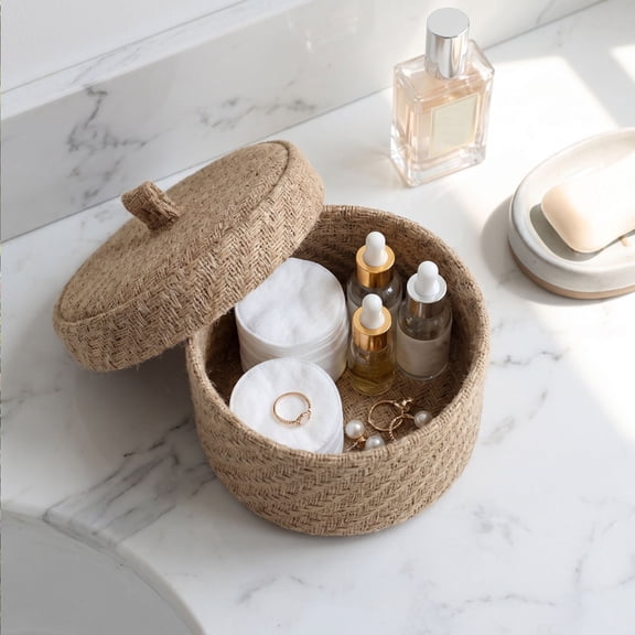 Minimalist Jute Storage Basket with Lid, Small Sundries Organizer Bin for Entryway Desktop, Portable Needle Thread Kit Cosmetic Storage Box for Home Office Dorm Organization