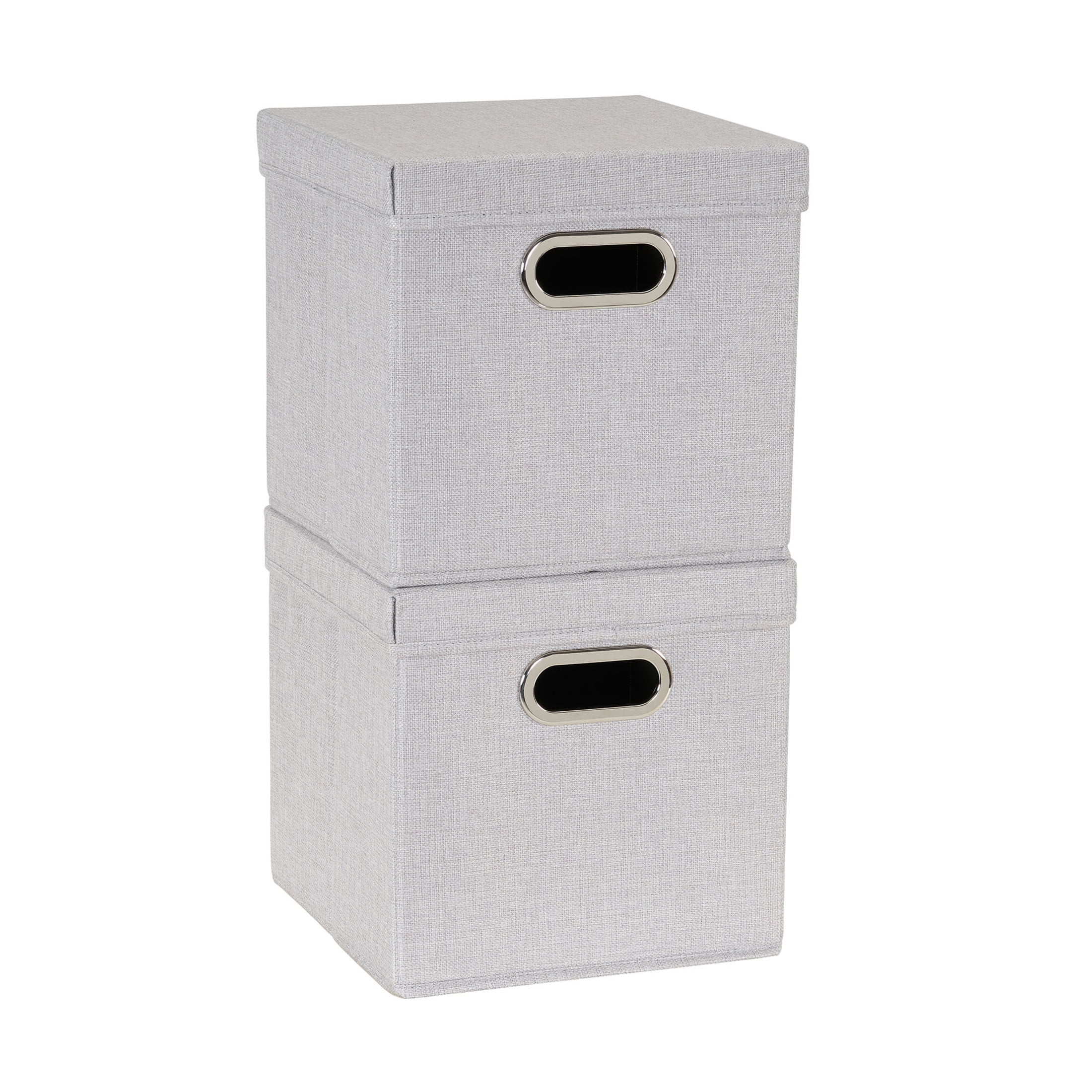 Household Essentials Storage Bins with Lids and Chromed Grommet Handles, Set of 2, Light Gray Textured Linen Look, Fits Standard Cube Shelves