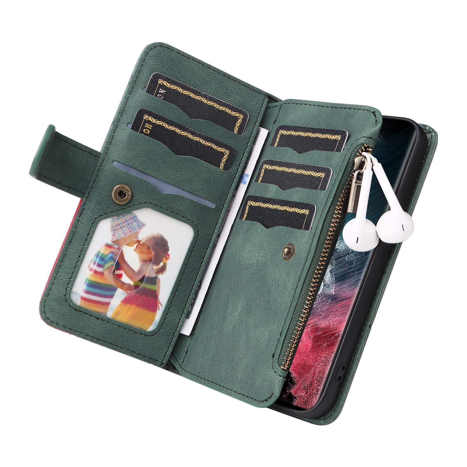 Dteck for Samsung Galaxy S23 Case 2023 6.1 Inch Wallet with 9 Card Slots, Zipper Pocket PU Leather Folio Flip Phone Case with Wristlet Strap for Samsung Galaxy S23 5G,Green